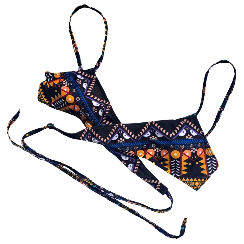 🟣 NWOT Boho Print Bandage Spagetti Strap Hollow Out Wrap-Tie Bikini Top Small